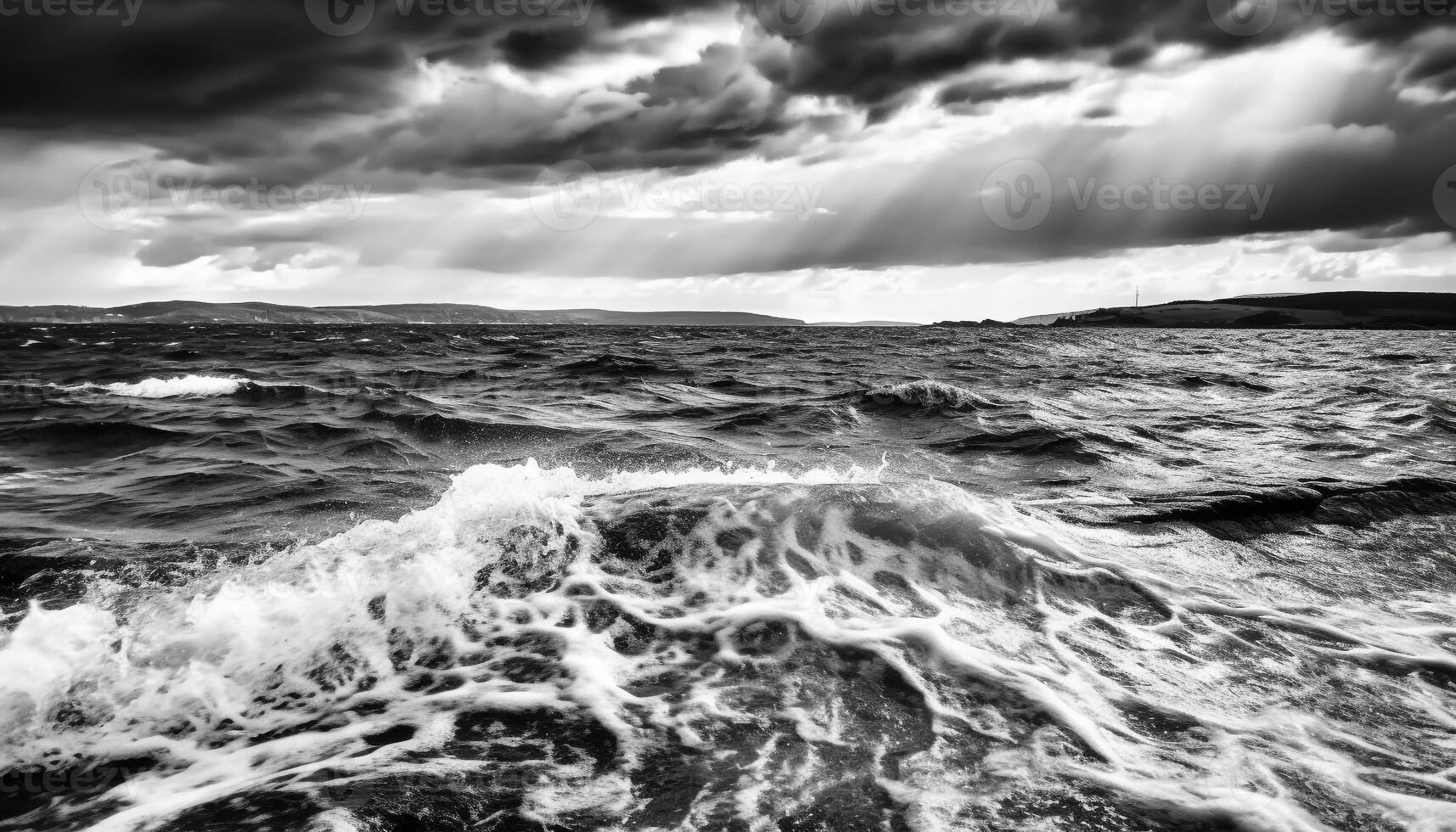 Beauty in nature dramatic sky over horizon, crashing waves generated by AI photo