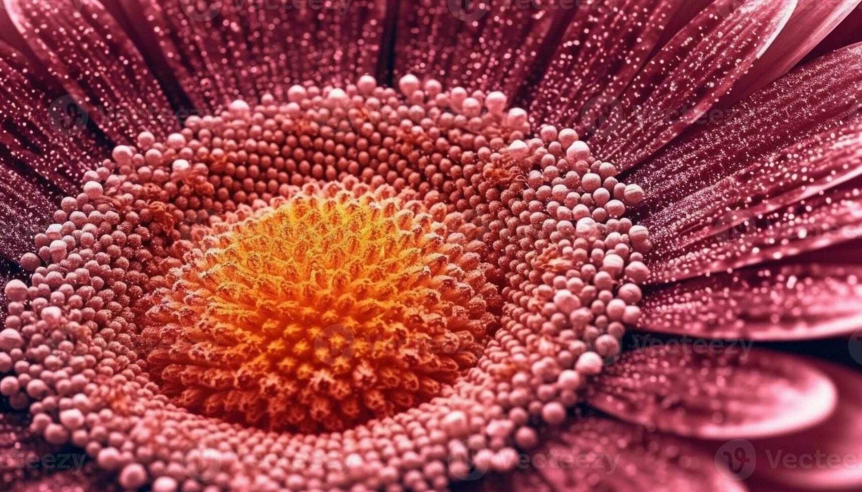 vibrante gerbera margarita pétalo, mojado con Rocío, en cerca arriba generado por ai foto