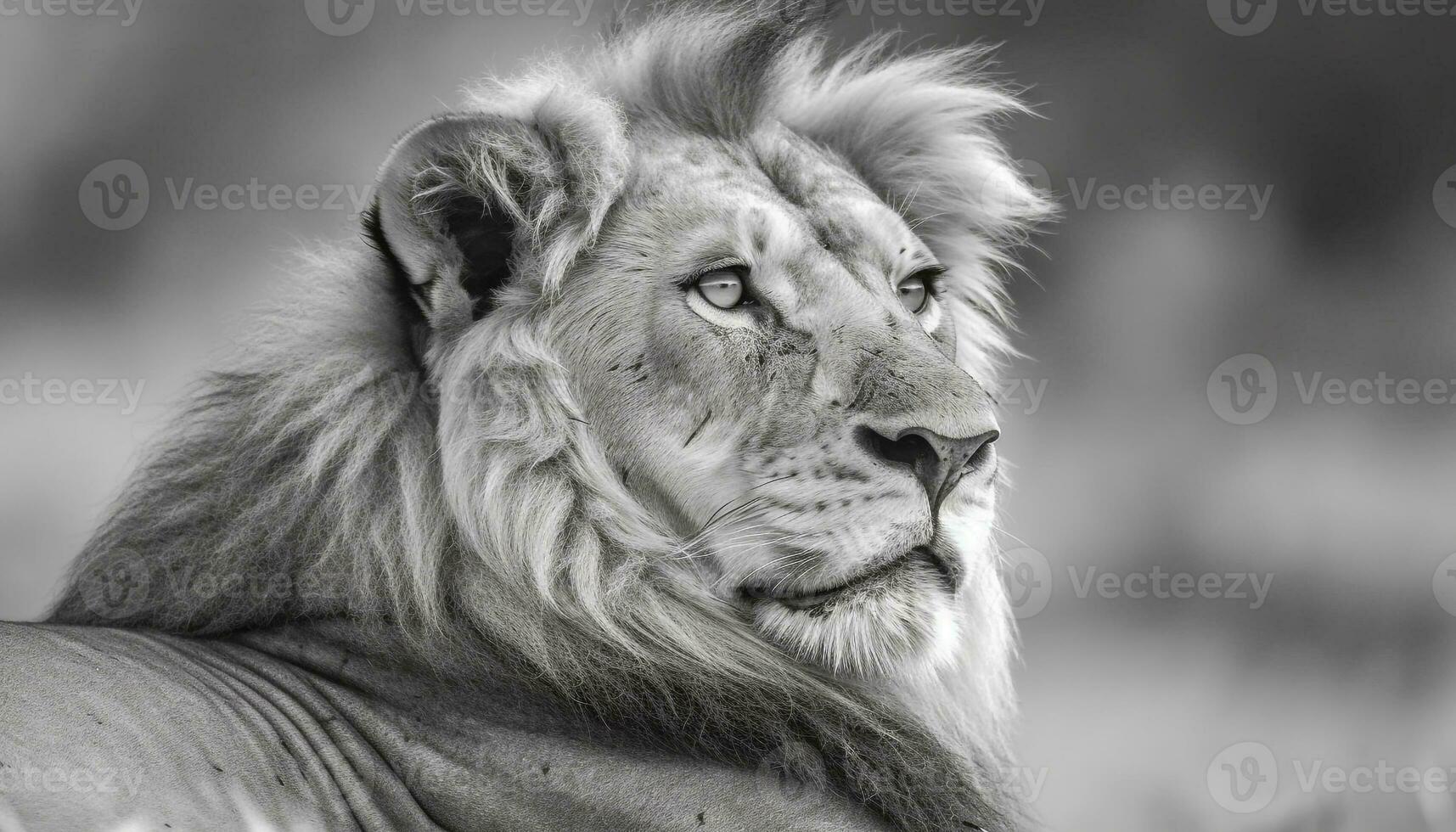Majestic lion, king of the savannah, staring into camera generated by AI photo