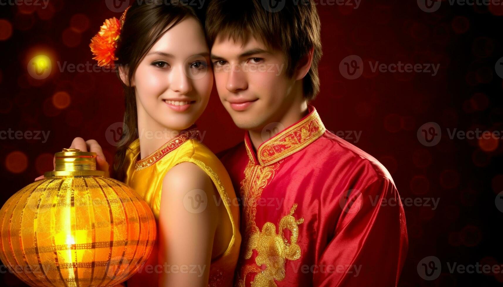 Romantic Chinese couple in traditional gold clothing celebrate with joy generated by AI photo