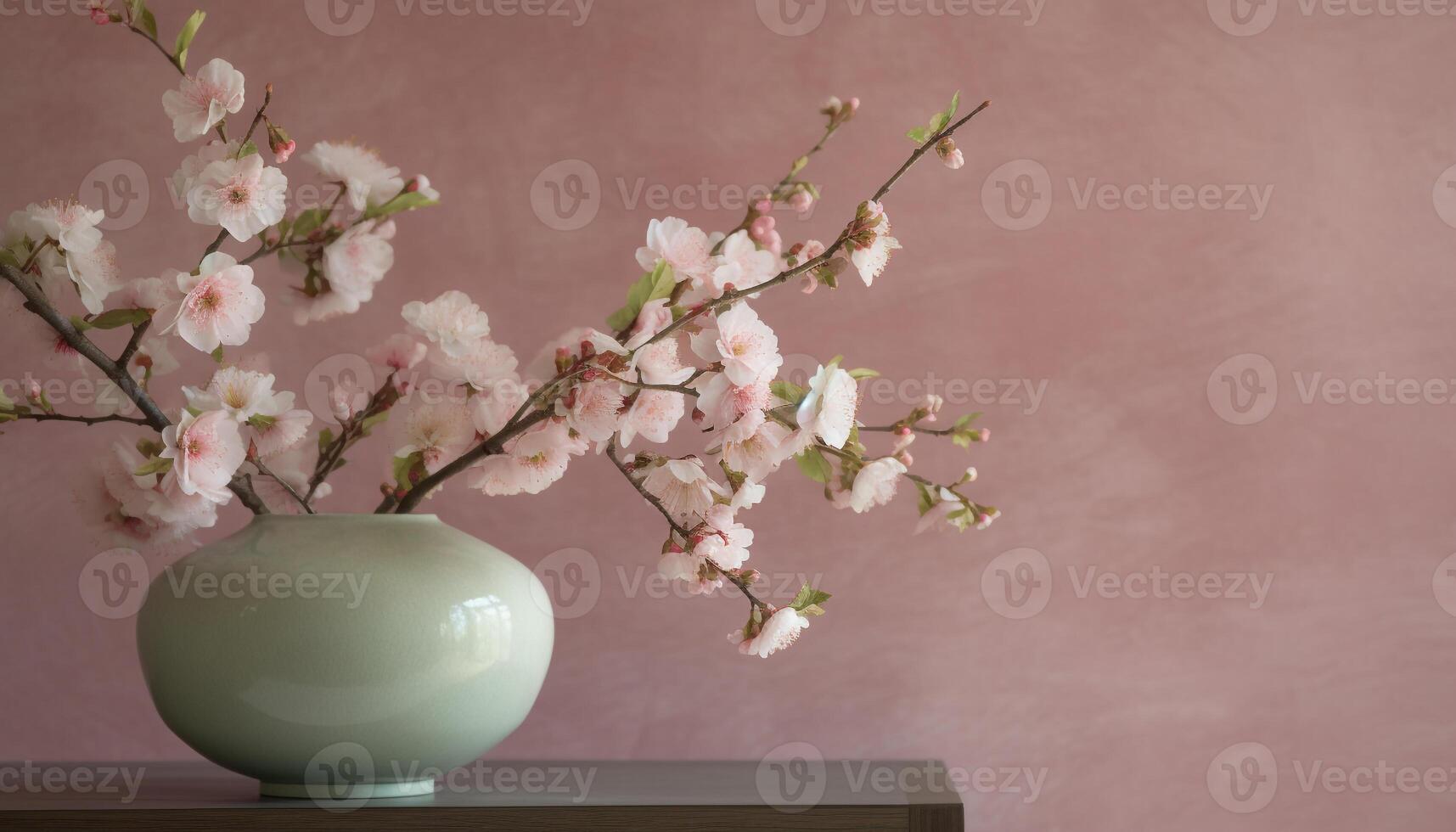 Japanese pottery jar holds single pink cherry blossom branch outdoors generated by AI photo