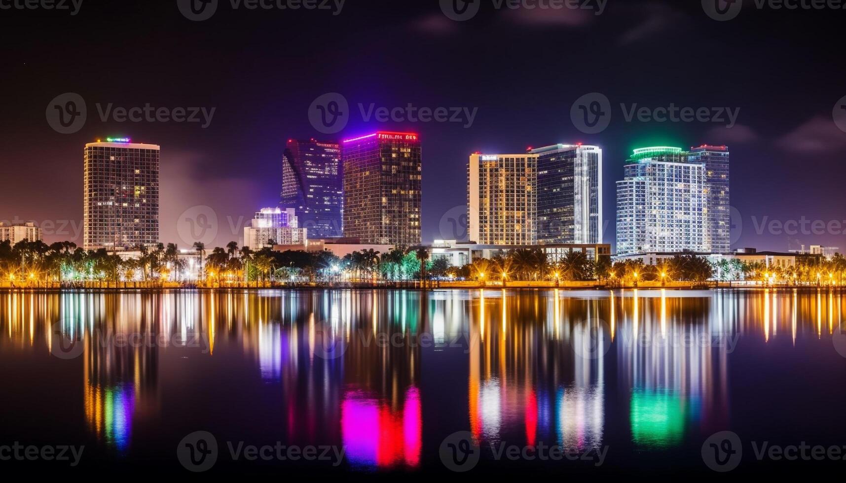 Travel to an illuminated cityscape with multi colored reflections on water generated by AI photo