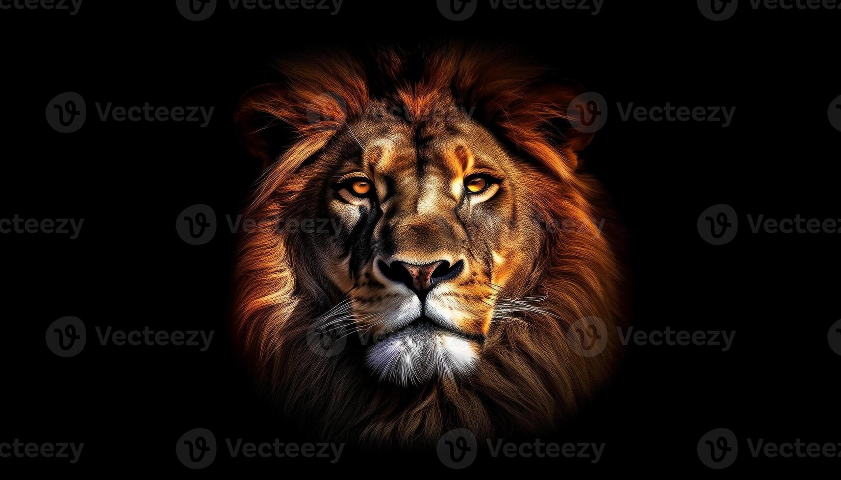 Majestic male lion staring with aggression, strength in black background generated by AI photo