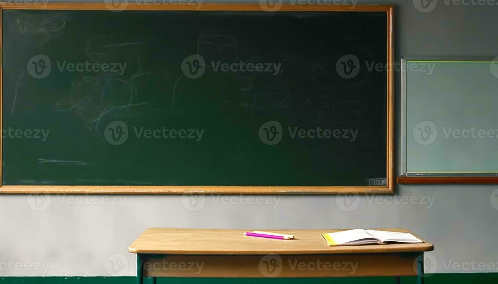 Education in a classroom, learning from a blackboard and desk generated by AI photo