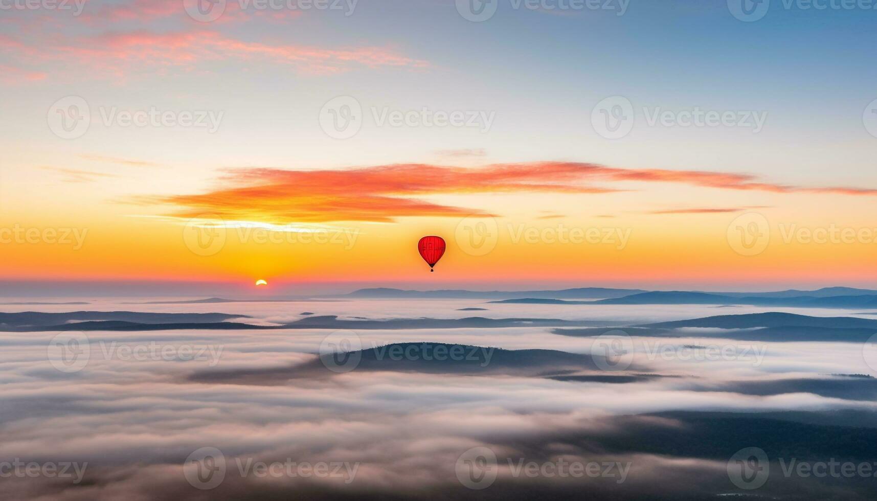 Mountain peak at dusk, hot air balloon flying high up generated by AI photo
