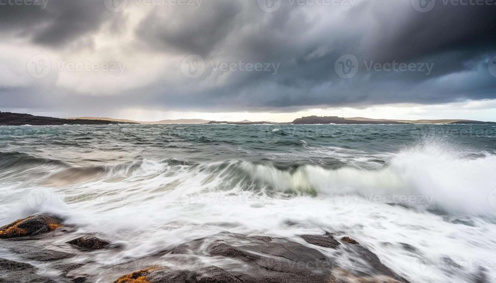 Beauty in nature dramatic sky over horizon, crashing waves generated by AI photo