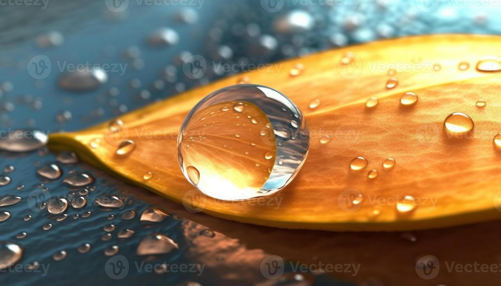 Vibrant yellow raindrop on green leaf, reflecting nature beauty generated by AI photo