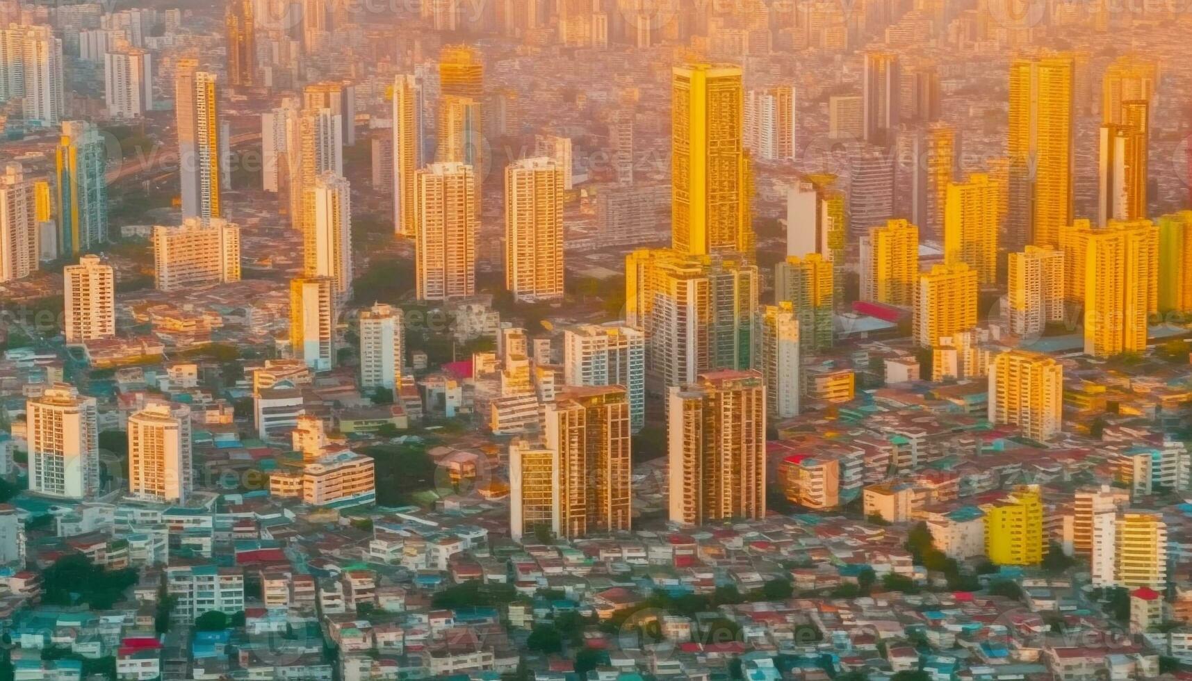 Modern urban skyline glows multi colored at dusk, a famous destination generated by AI photo