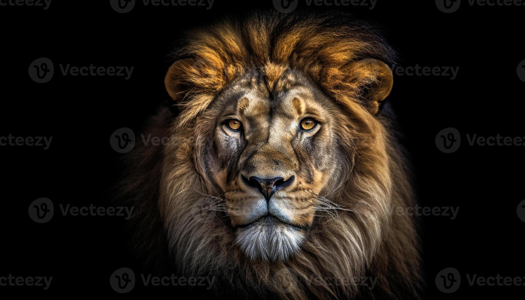 Majestic lion staring with aggression, showcasing strength and beauty generated by AI photo