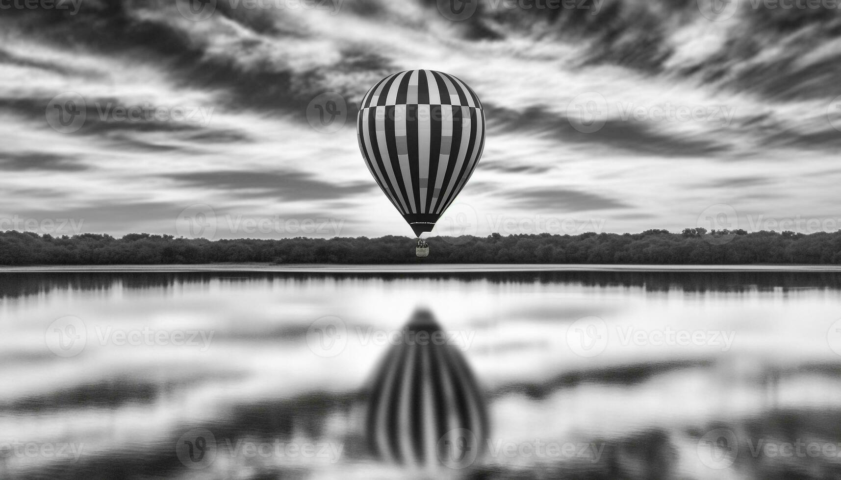 Levitating balloon floats over mountain landscape in black and white generated by AI photo