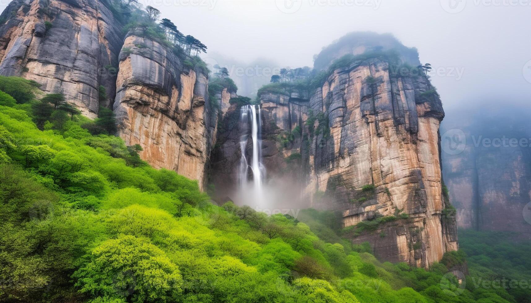 Smooth water flowing over rocks in tranquil landscape generated by AI photo
