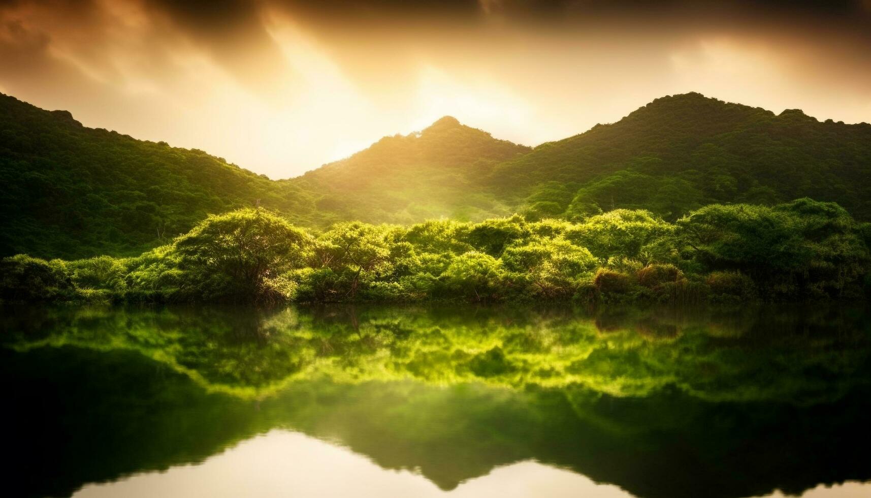 Tranquil sunrise over green mountain range reflects in peaceful pond generated by AI photo