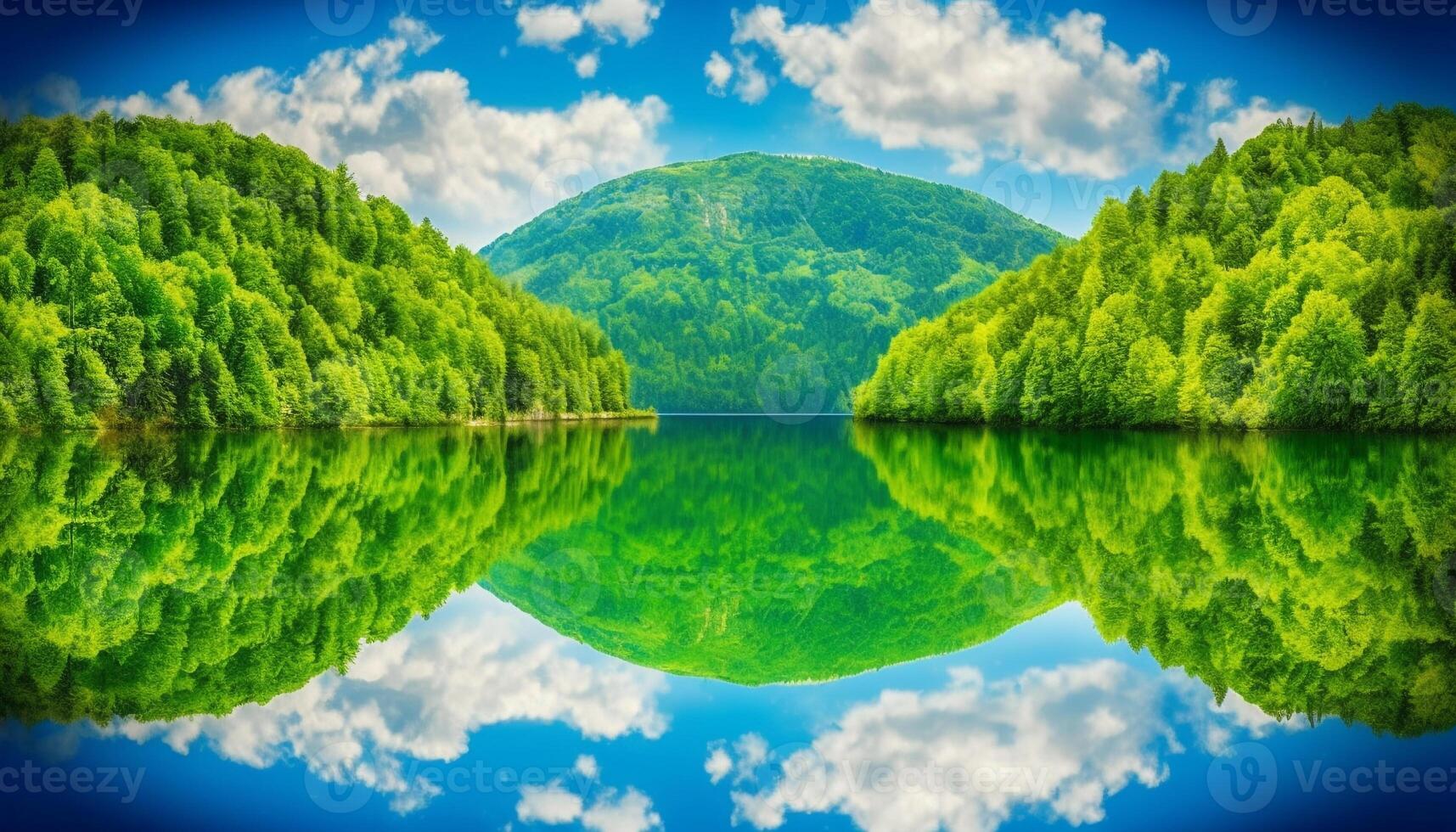 A majestic mountain range reflects in a tranquil, transparent pond generated by AI photo