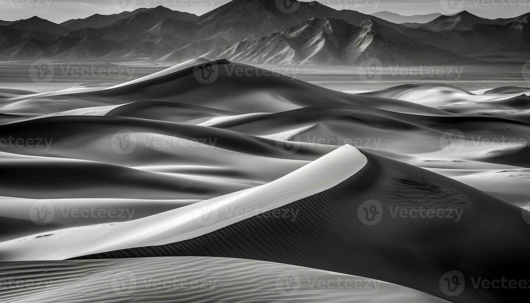 Majestic sand dunes curve in rippled wave pattern, awe inspiring solitude generated by AI photo