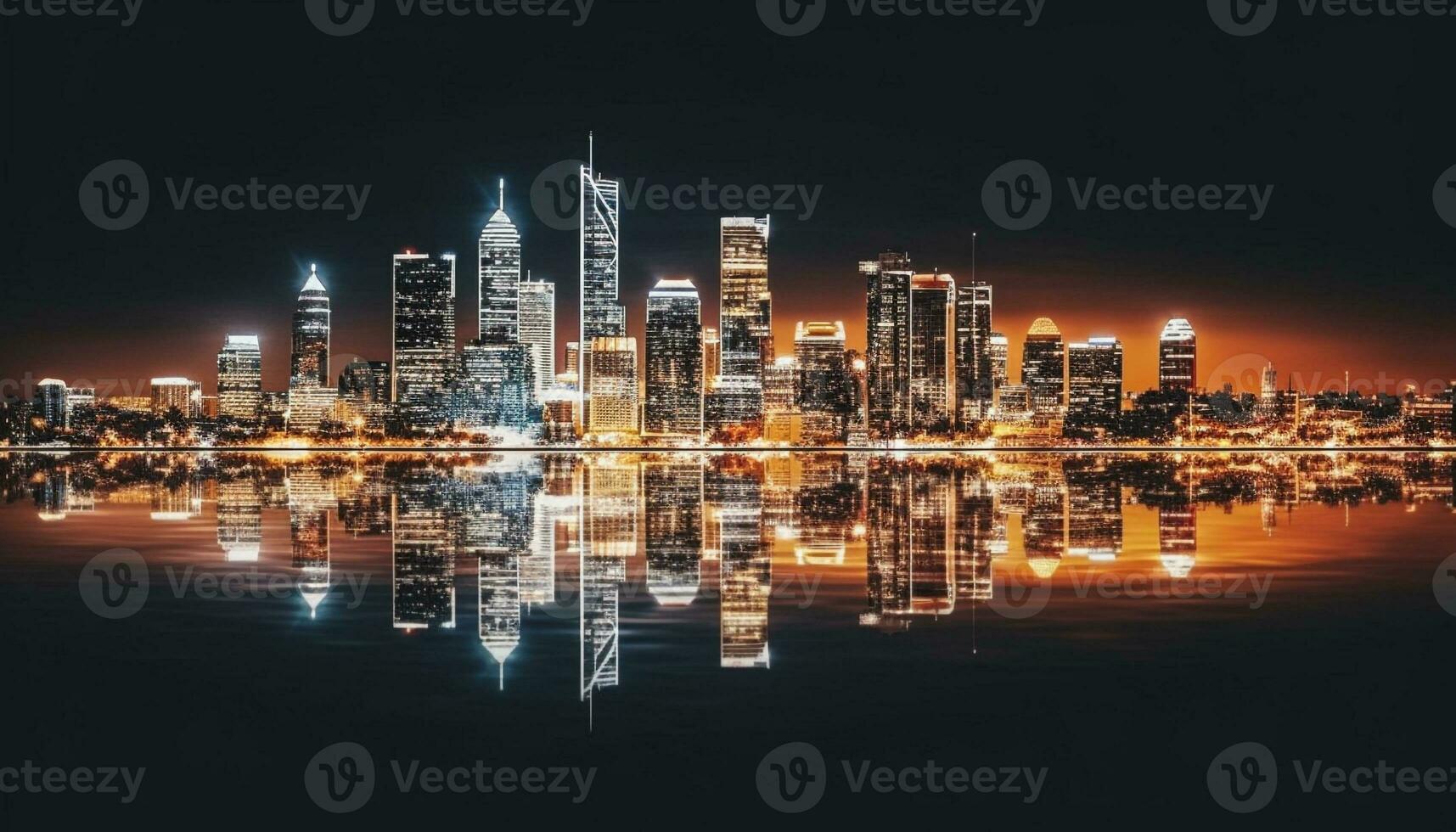iluminado rascacielos reflejar en agua en moderno financiero distrito a oscuridad generado por ai foto