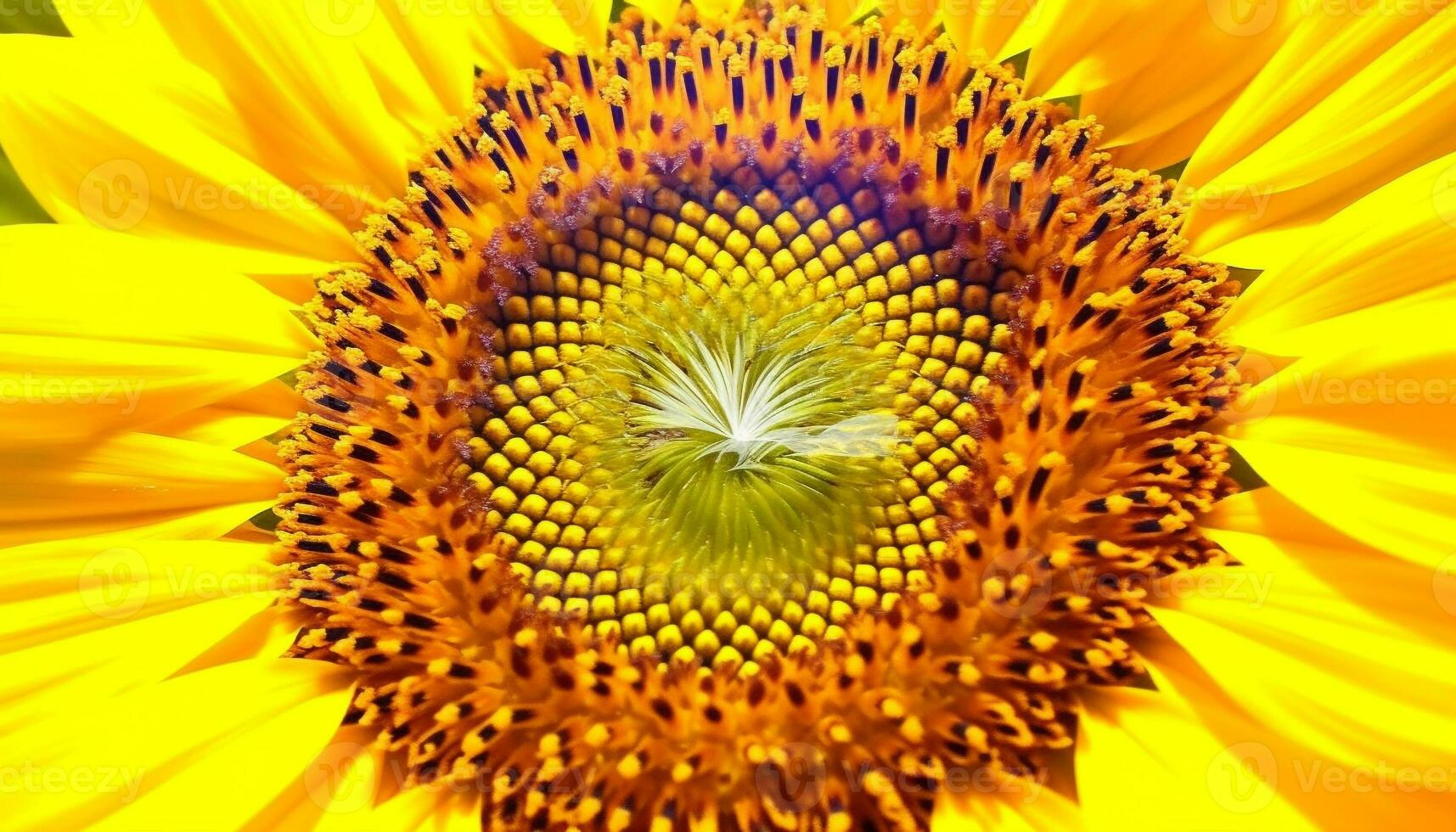Vibrant sunflower blossom, close up macro of yellow petal and seed generated by AI photo