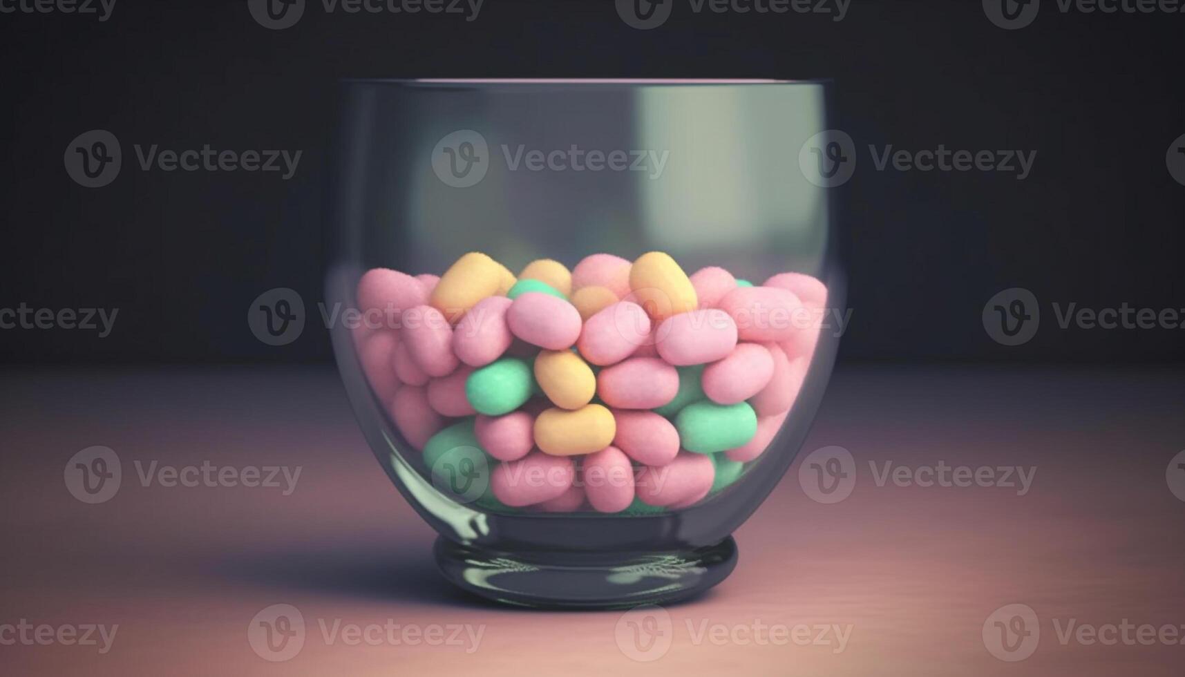 Multi colored pill spilling from glass bowl, a dose of refreshment generated by AI photo