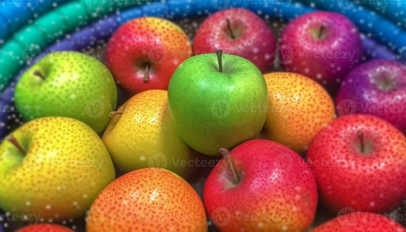 Juicy apple drop on fresh, organic, multi colored fruit background generated by AI photo