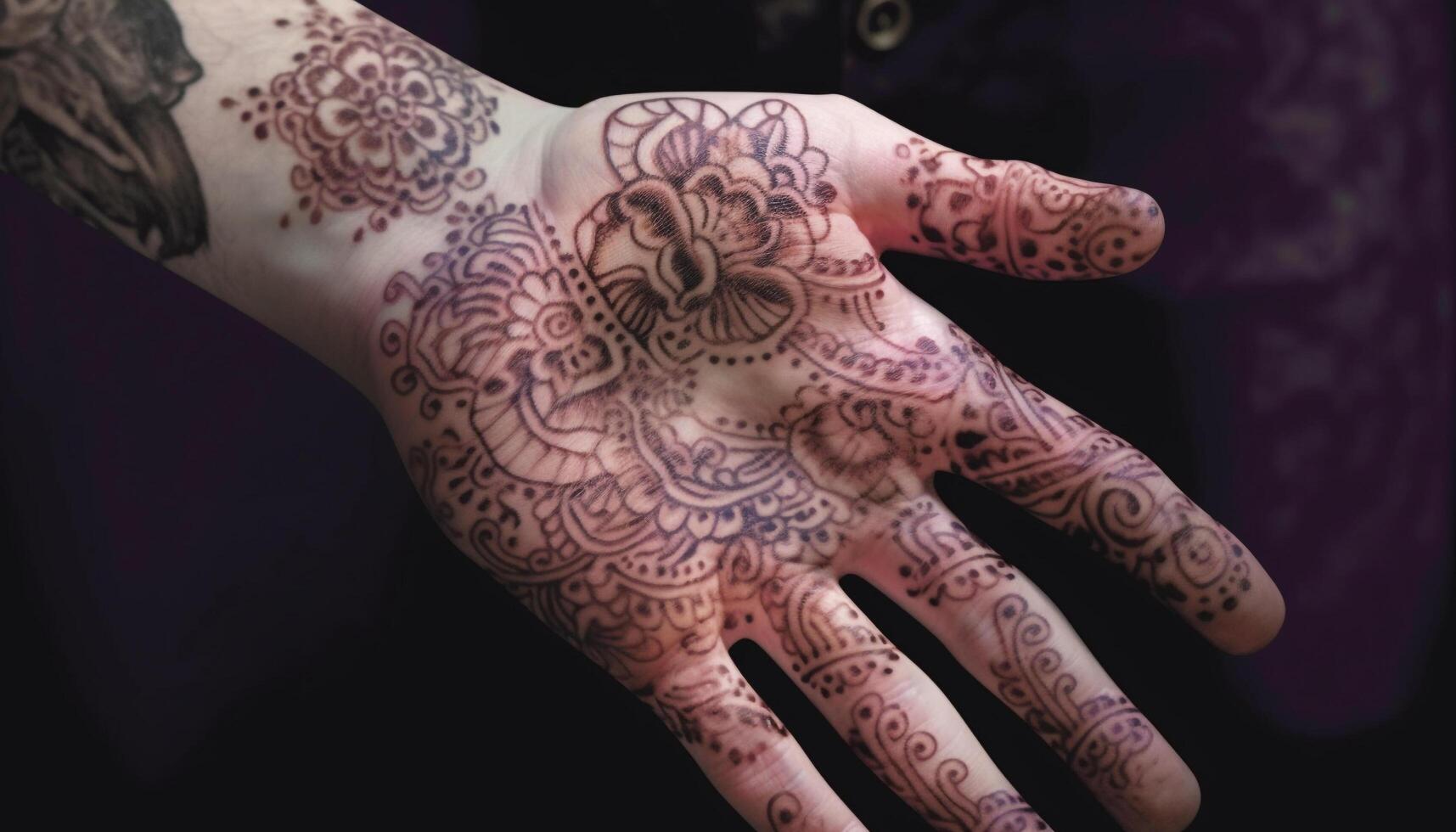 Abstract henna tattoo painted on human hand symbolizes indigenous culture generated by AI photo