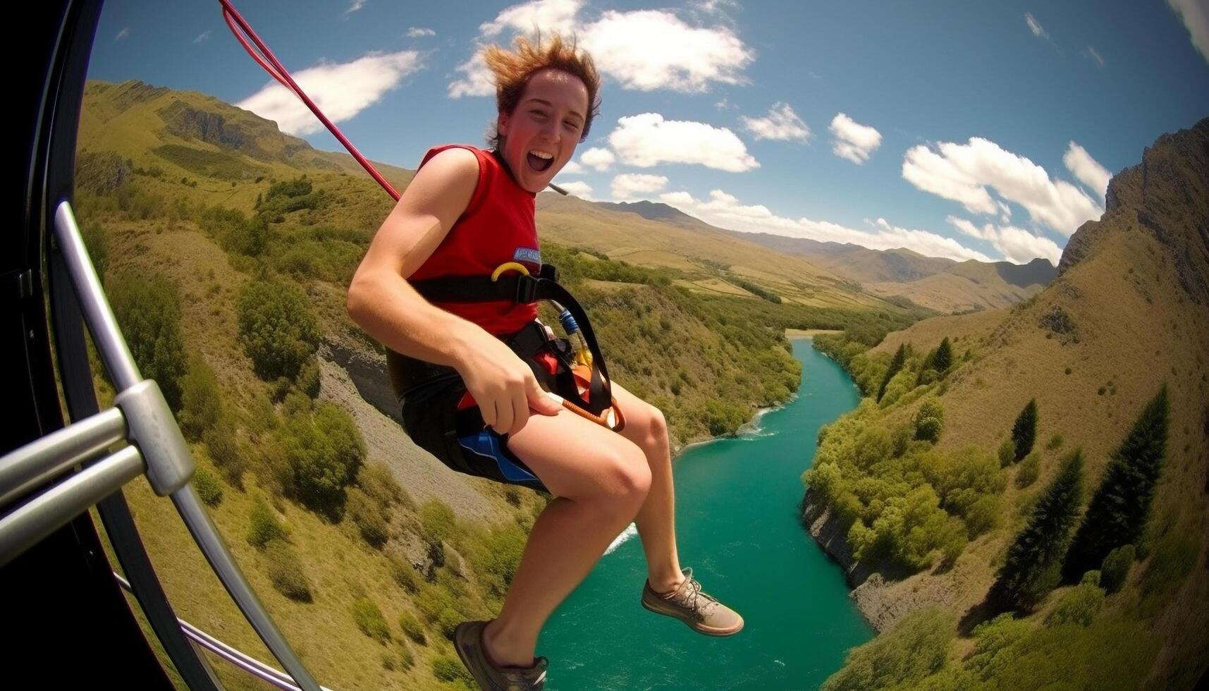 One person smiling, enjoying extreme mountain climbing adventure generated by AI photo