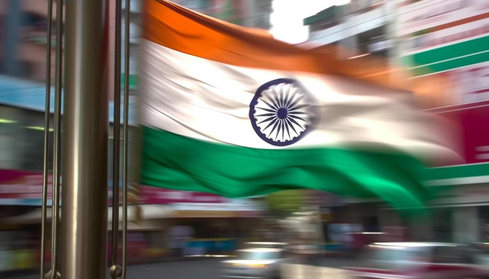 Patriotic cityscape celebrates unity with blurred motion and defocused backgrounds generated by AI photo