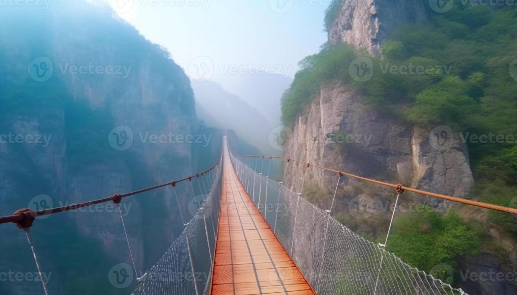 extremo Deportes turismo excursionismo a montaña pico punto de vista en suspensión puente generado por ai foto