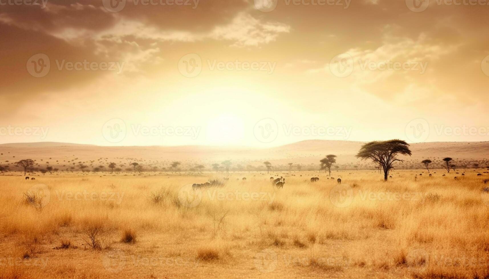 Safari animals roam the African plain at sunset, wild beauty generated by AI photo