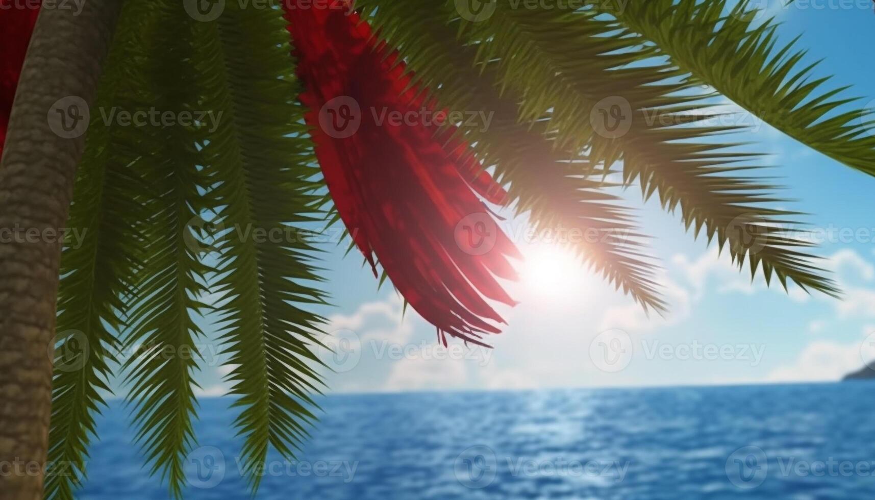 tranquilo escena de vibrante puesta de sol terminado tropical palma árbol línea costera generado por ai foto