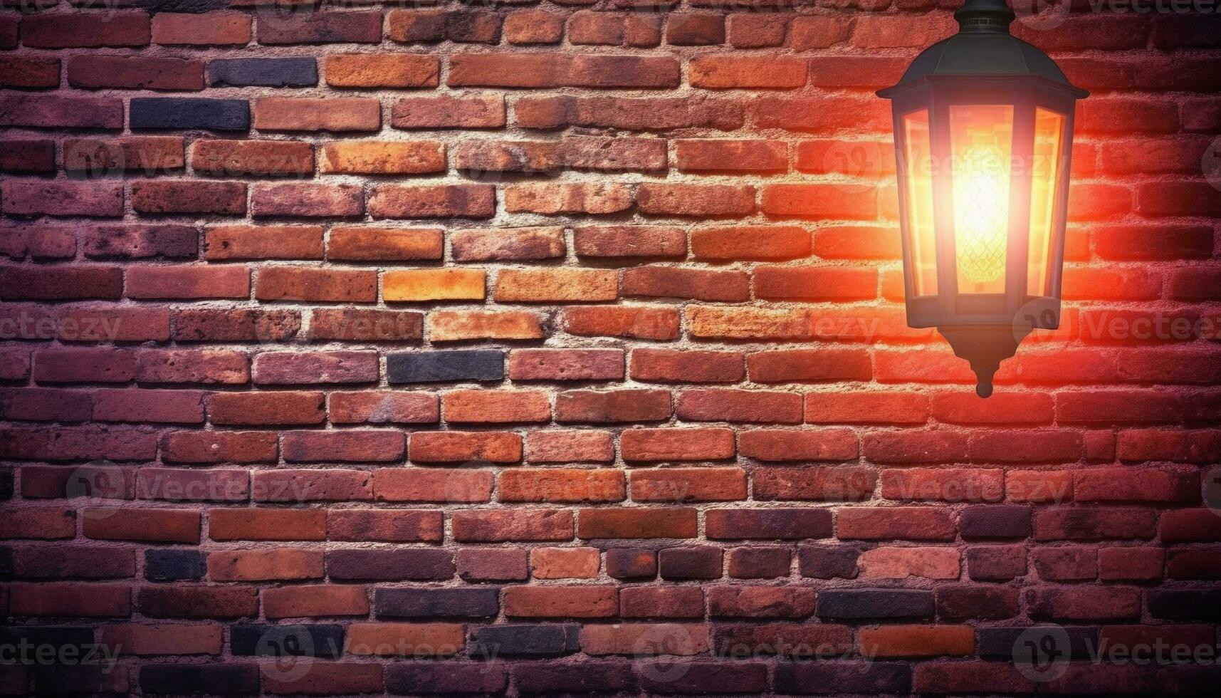 antiguo linterna ilumina antiguo ladrillo pared en oscuro ciudad noche generado por ai foto