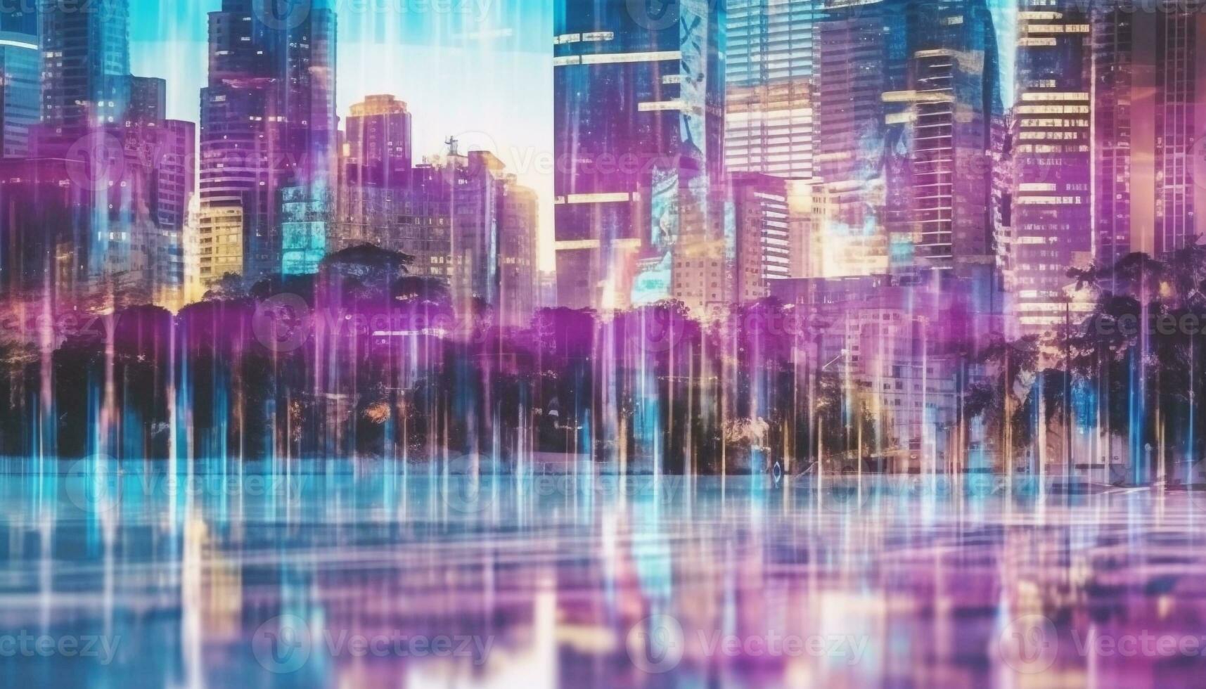 Vibrant city life glows with neon skyscrapers and blurred motion generated by AI photo