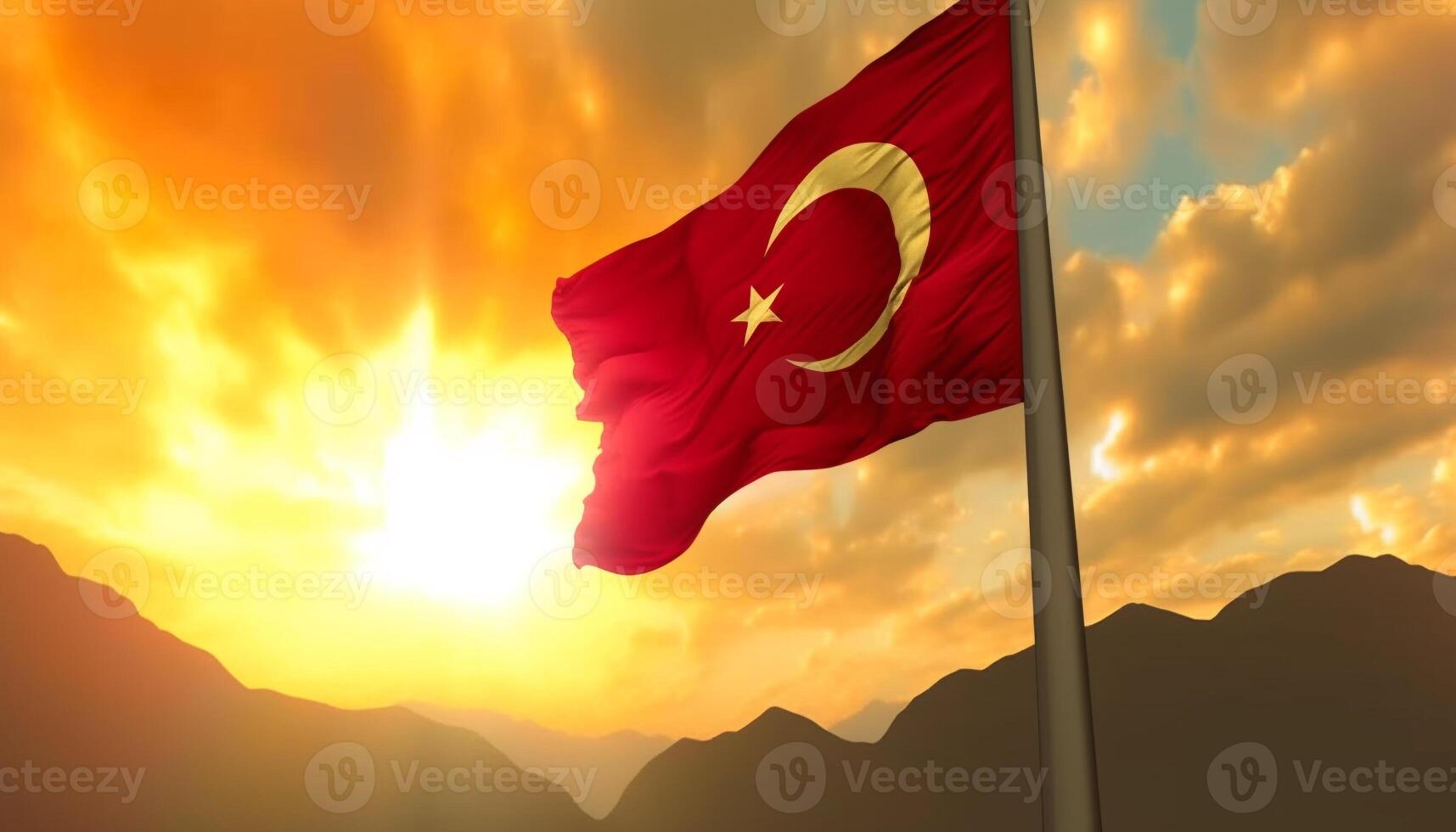 Majestic mountain silhouette, shining gold sun, symbol of Turkish identity generated by AI photo