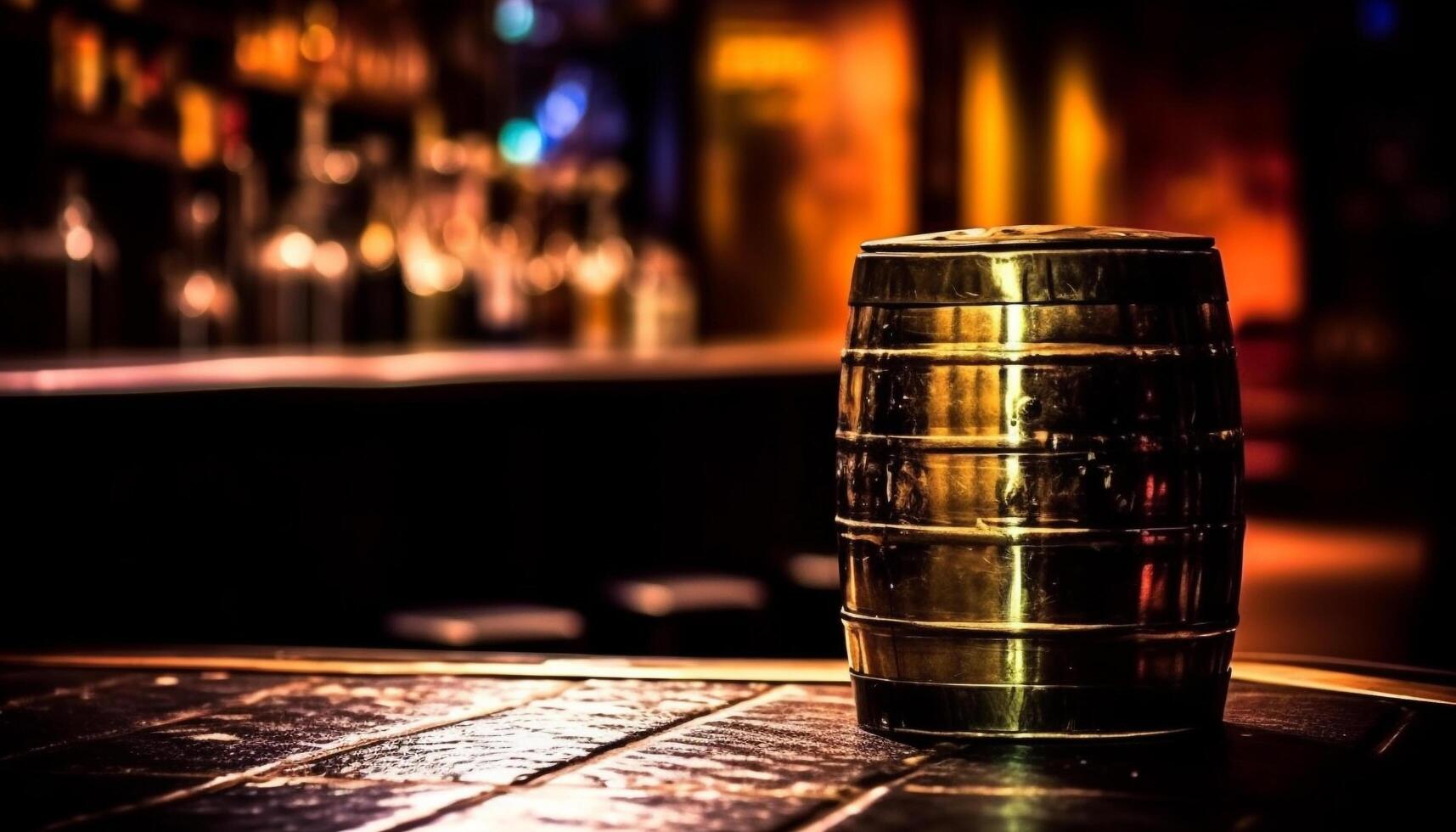 Rustic bar counter with whiskey barrel, beer keg, and pint glass generated by AI photo