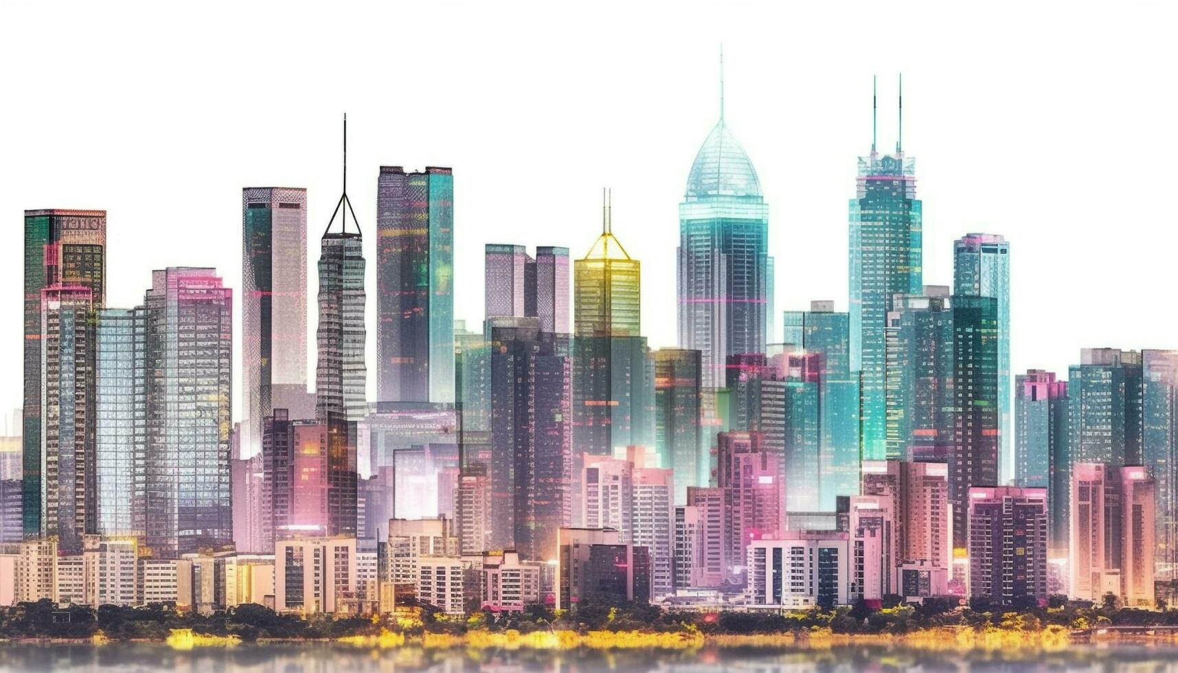 Modern skyscrapers illuminate city skyline at dusk, reflecting growth and business generated by AI photo