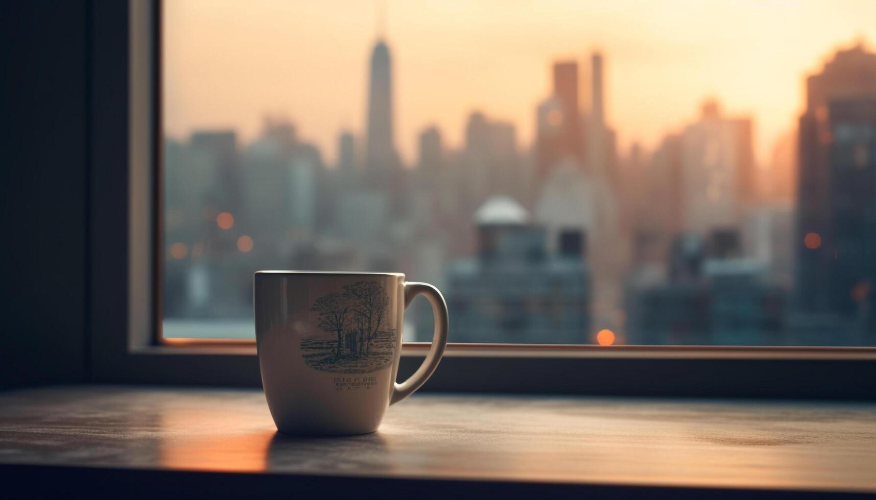 ciudad horizonte a oscuridad visto mediante café tienda ventana generado por ai foto