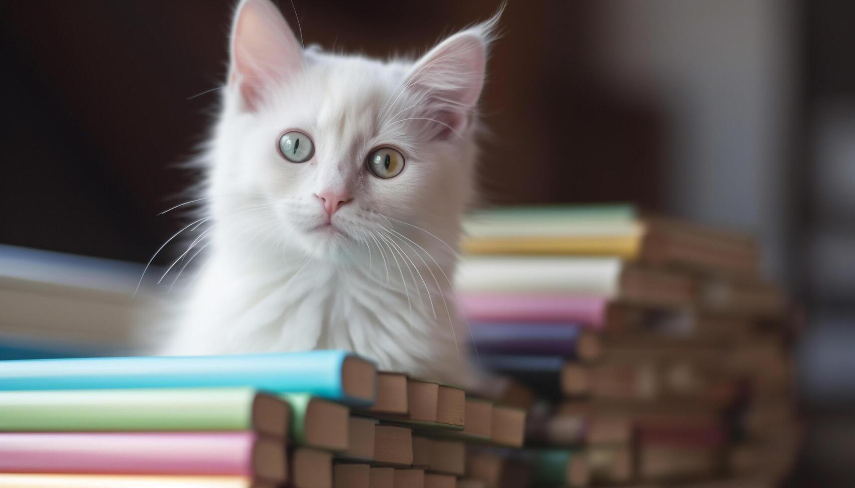 mullido gatito sentado en escritorio, curioso a estante para libros curiosamente generado por ai foto