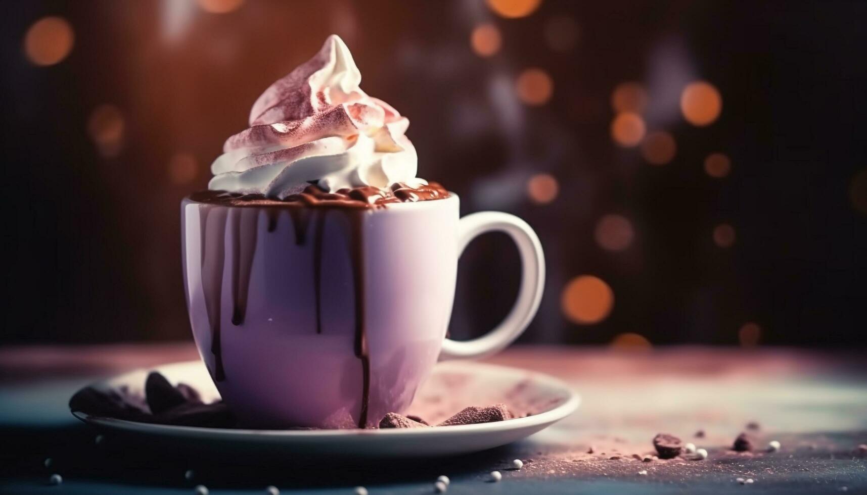 Whipped cream, chocolate, and marshmallow adorn frothy winter drinks generated by AI photo