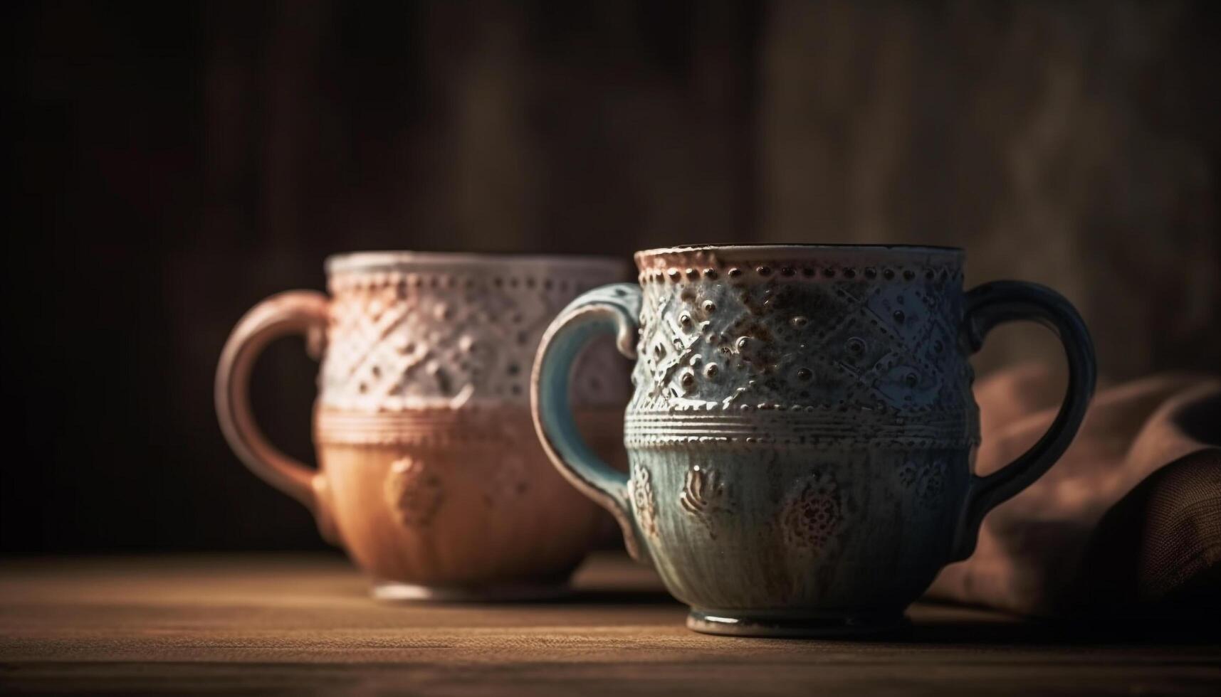 Rustic coffee mug on old fashioned table brings warmth and relaxation generated by AI photo