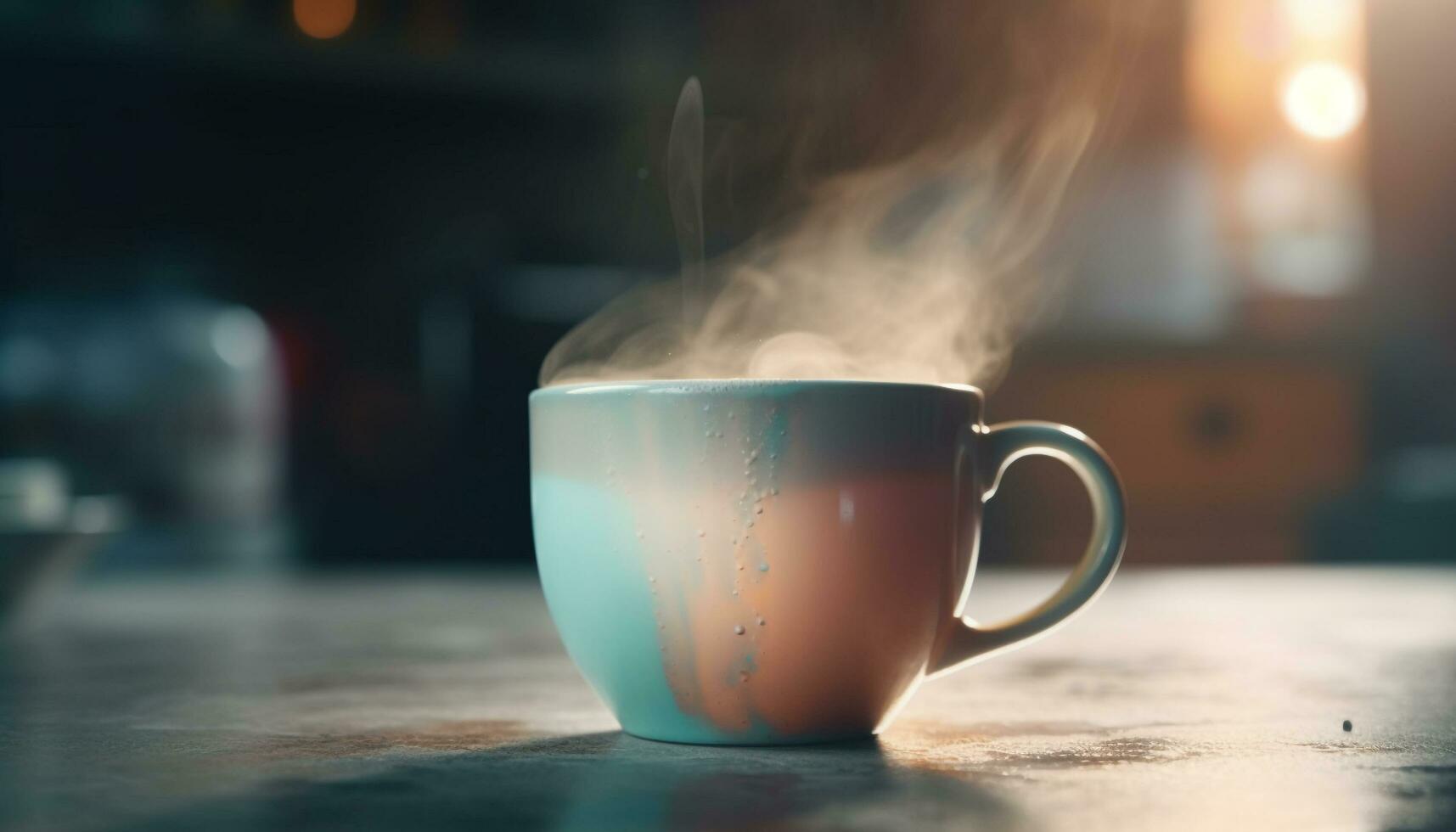 Hot steam rises from latte on saucer, perfect coffee break generated by AI photo