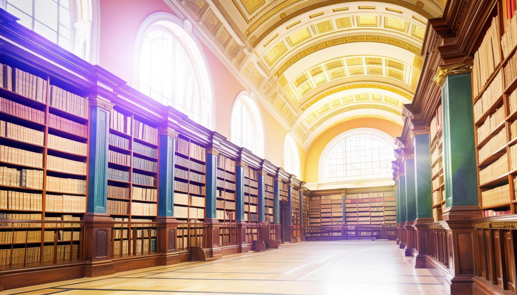 Modern library architecture Rows of books on wooden shelves generated