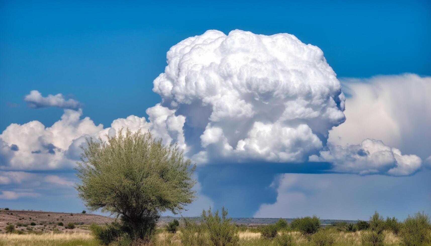 Tranquil meadow with bright blue sky and fluffy clouds generated by AI photo