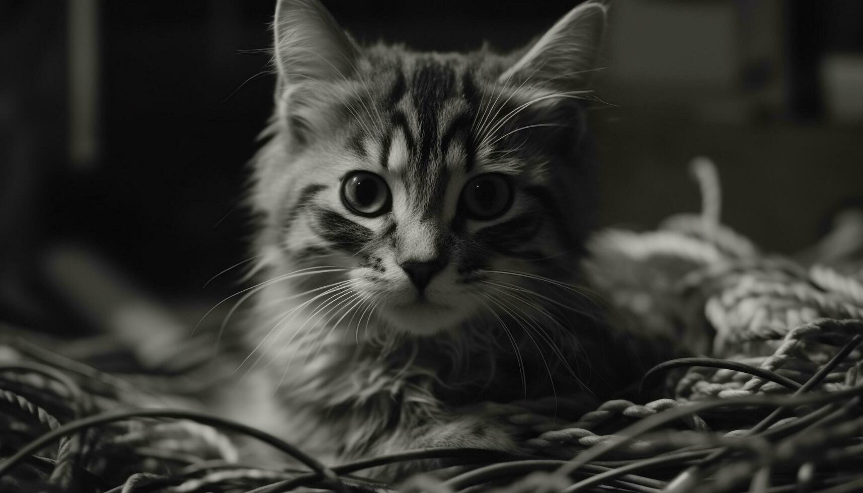 Fluffy kitten staring, close up portrait, black and white monochrome generated by AI photo