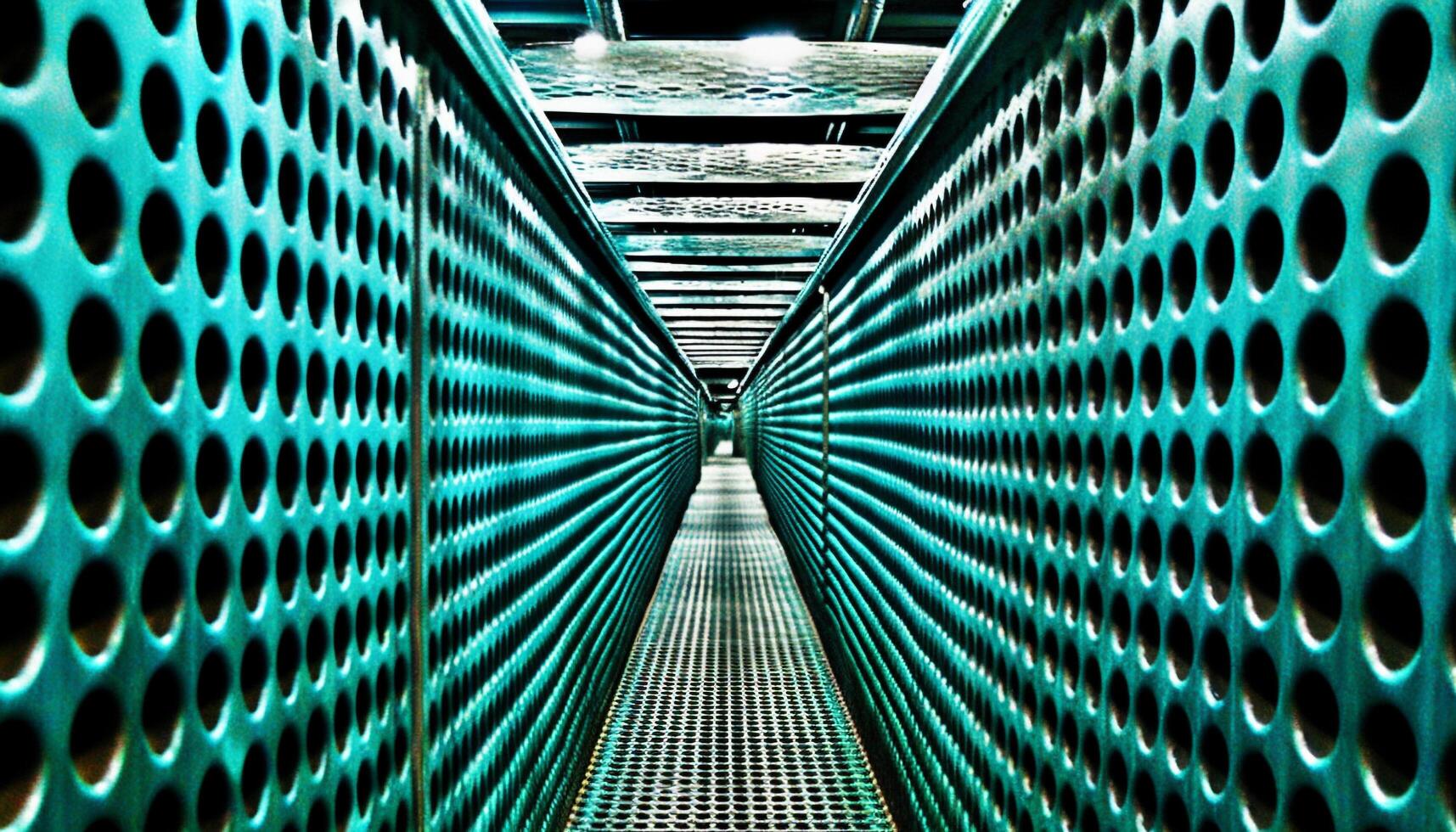 Bright steel tubes in a row, reflecting blue geometric shapes generated by AI photo