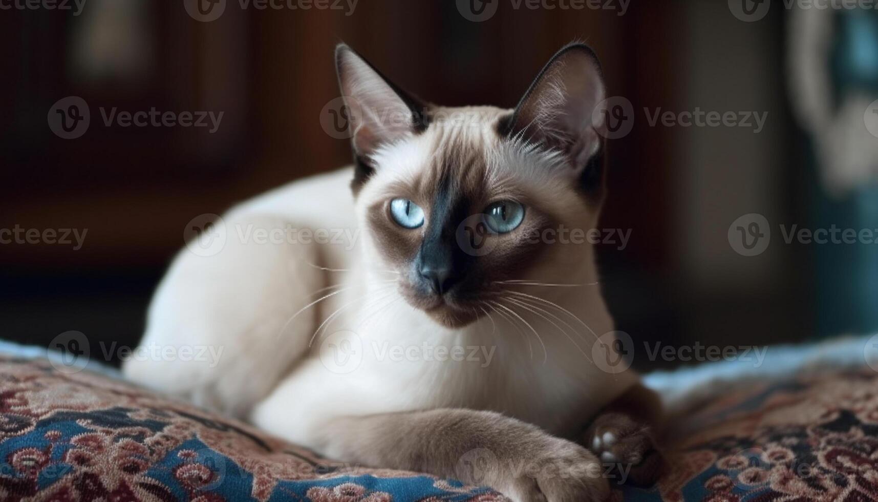 Fluffy kitten resting on blue sofa, staring with blue eyes generated by AI photo