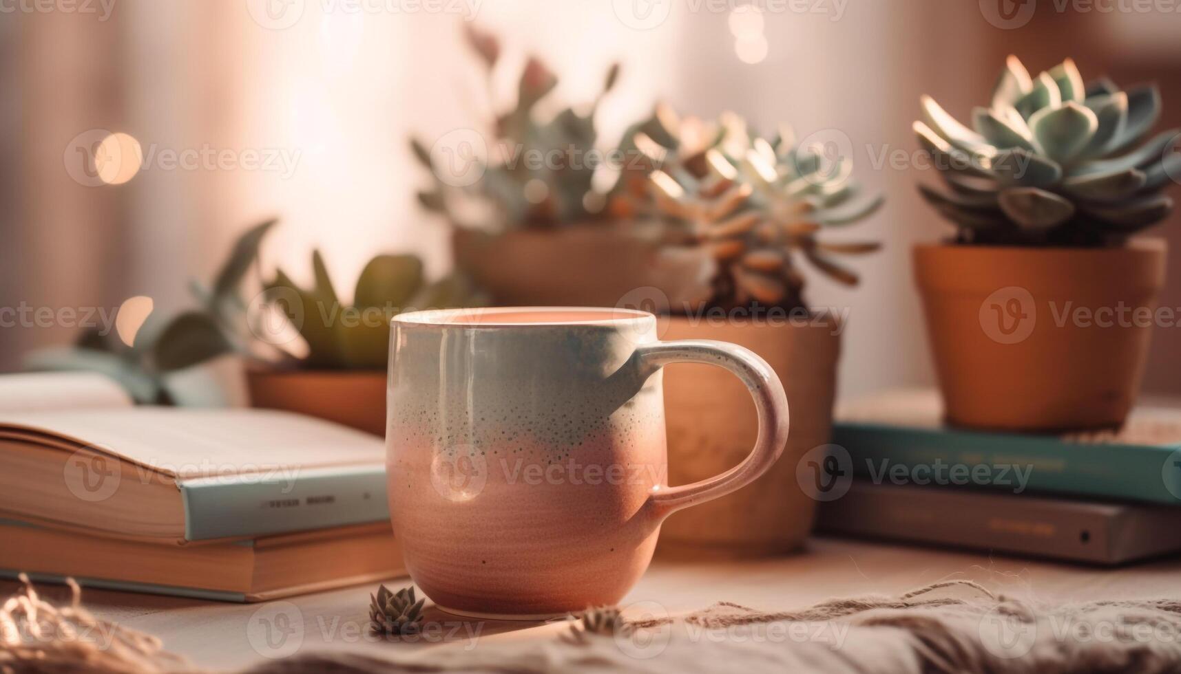 Comfortable reading nook with rustic desk, hot tea, and books generated by AI photo