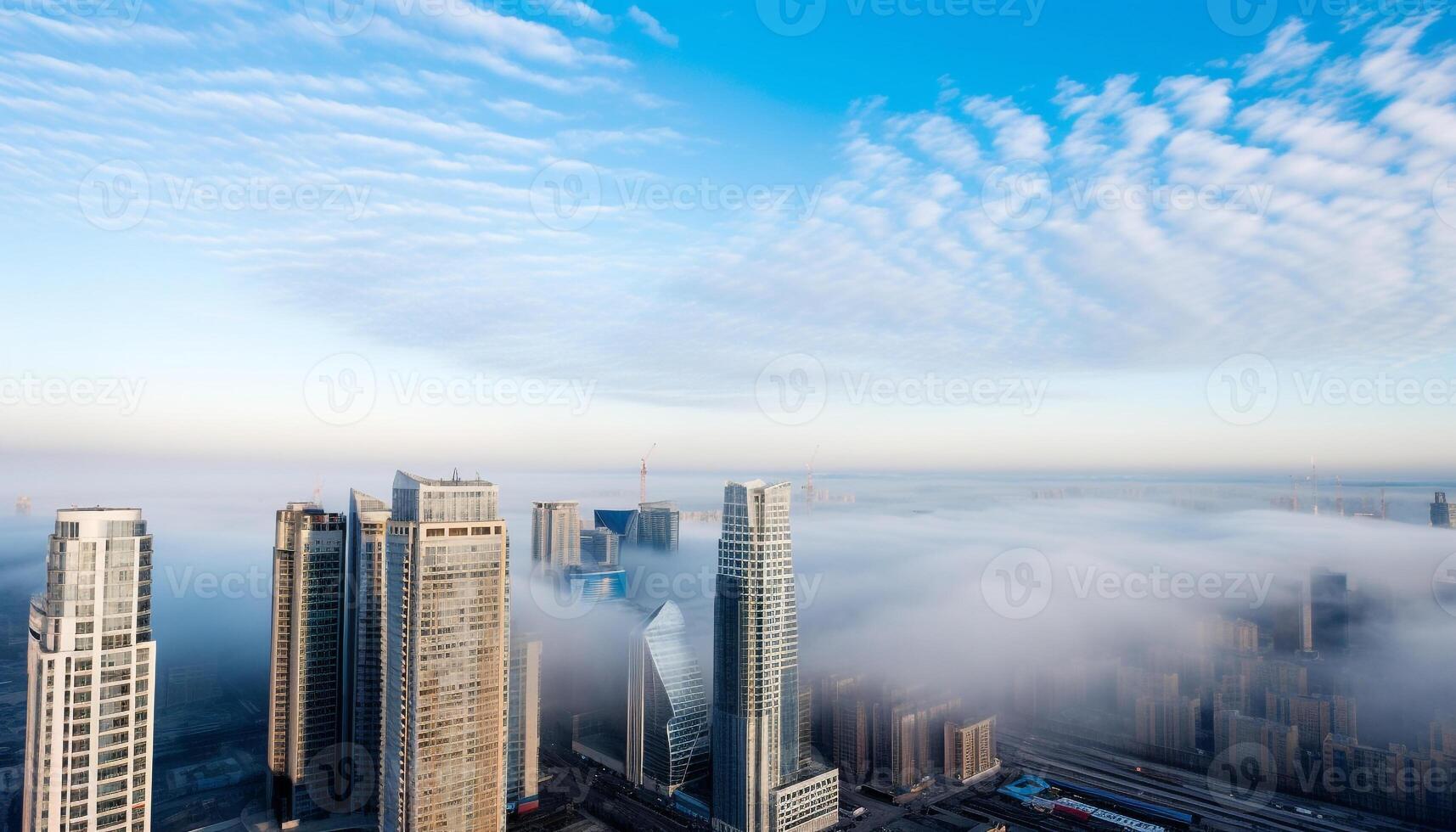 Modern skyscrapers reflect on blue water in financial district sunset generated by AI photo