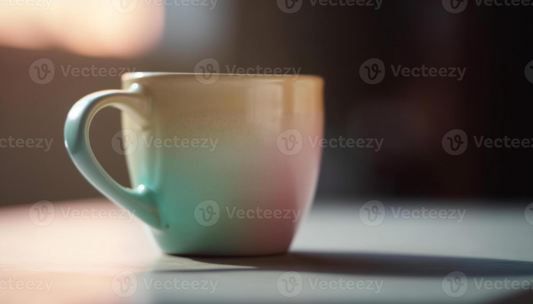 Hot coffee in blue mug on wooden table by window generated by AI photo