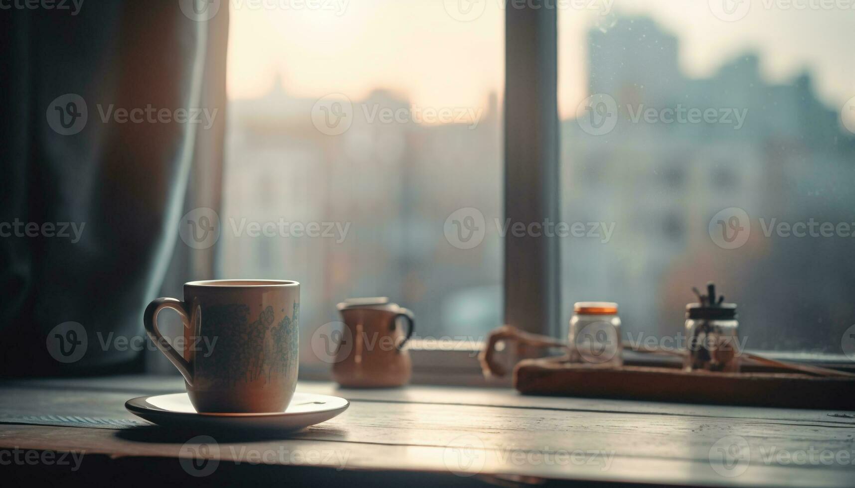 Rustic coffee cup on window sill brings warmth to apartment generated by AI photo