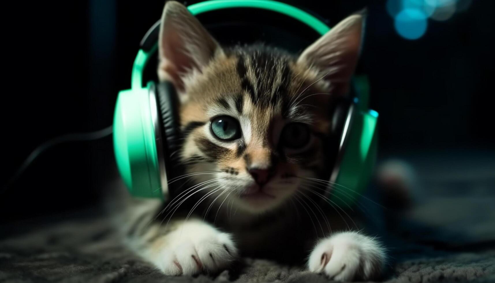 Cute kitten playing with headphones, staring at camera with curiosity generated by AI photo