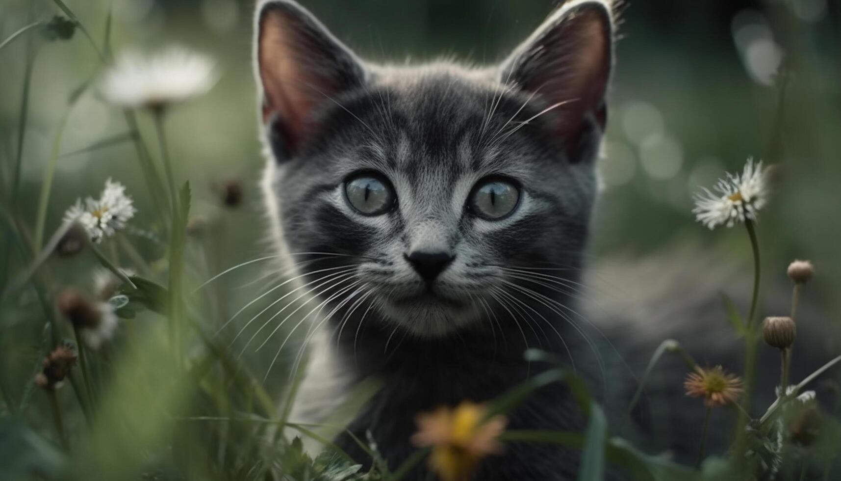 mullido gatito curioso a margarita, belleza en naturaleza retrato generado por ai foto