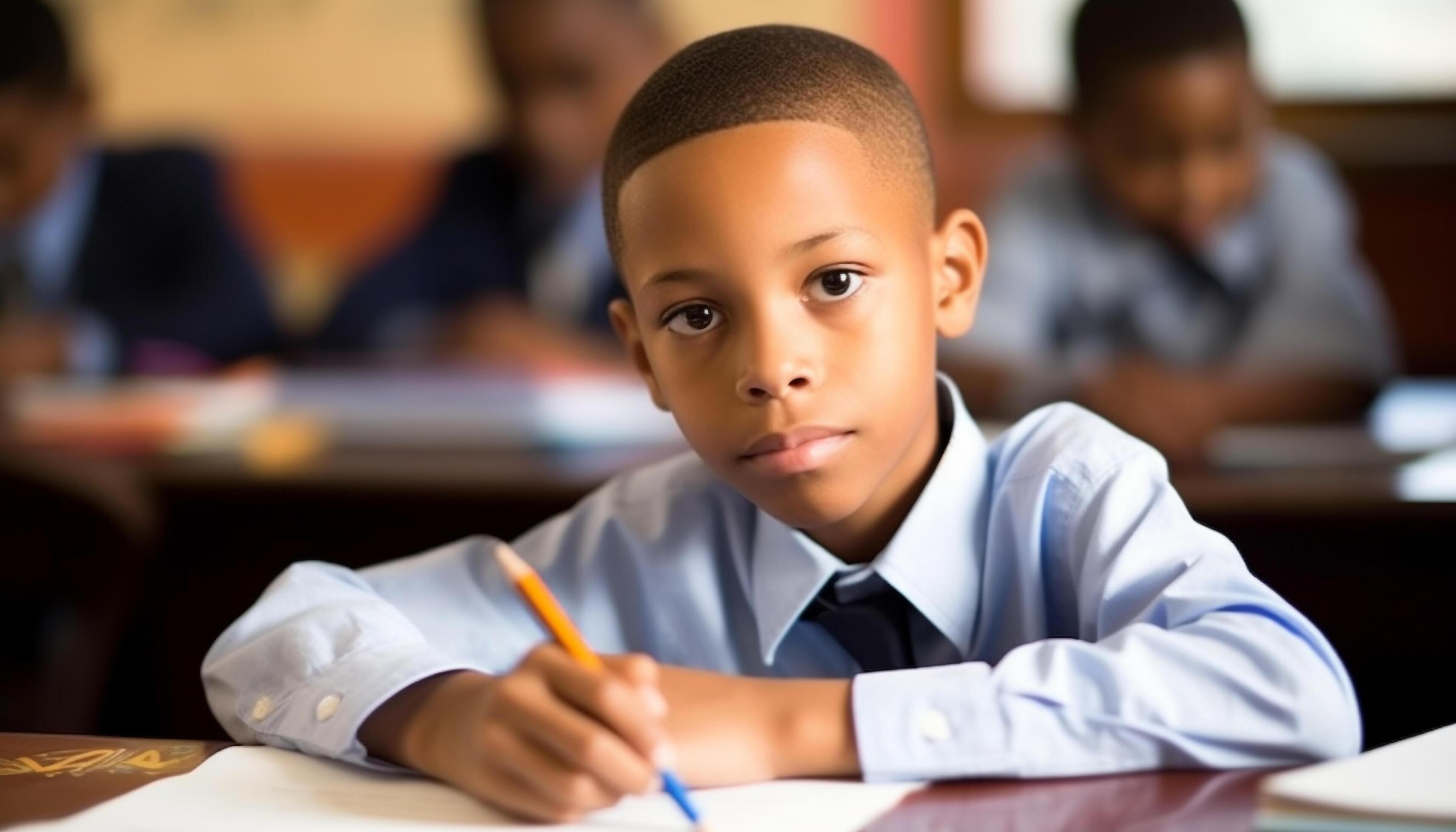 Smiling school children studying with pencils and books on desks ...